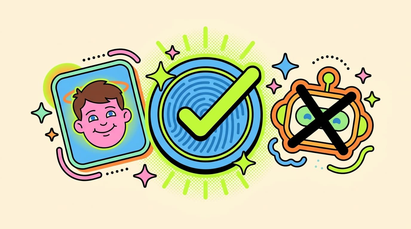 Illustration of a verified fingerprint badge and creator portrait next to crossed-out robot masks, representing proving authentic human-made content