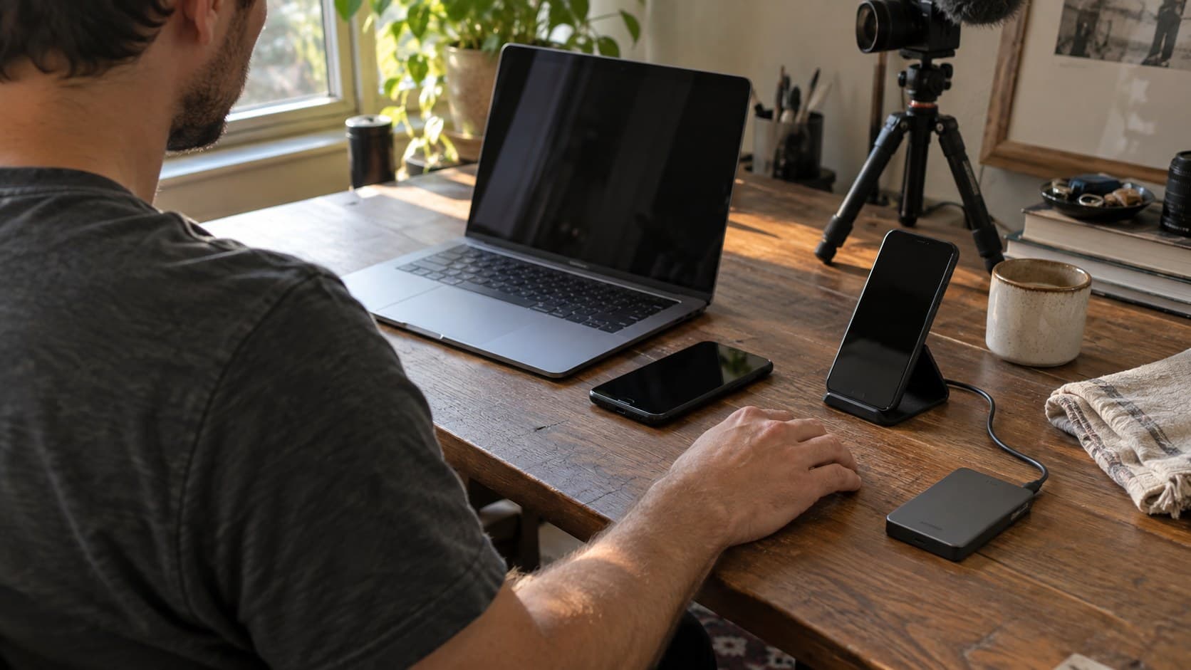 Creator preparing two phones, a laptop, and a portable drive to preserve unpublished videos.