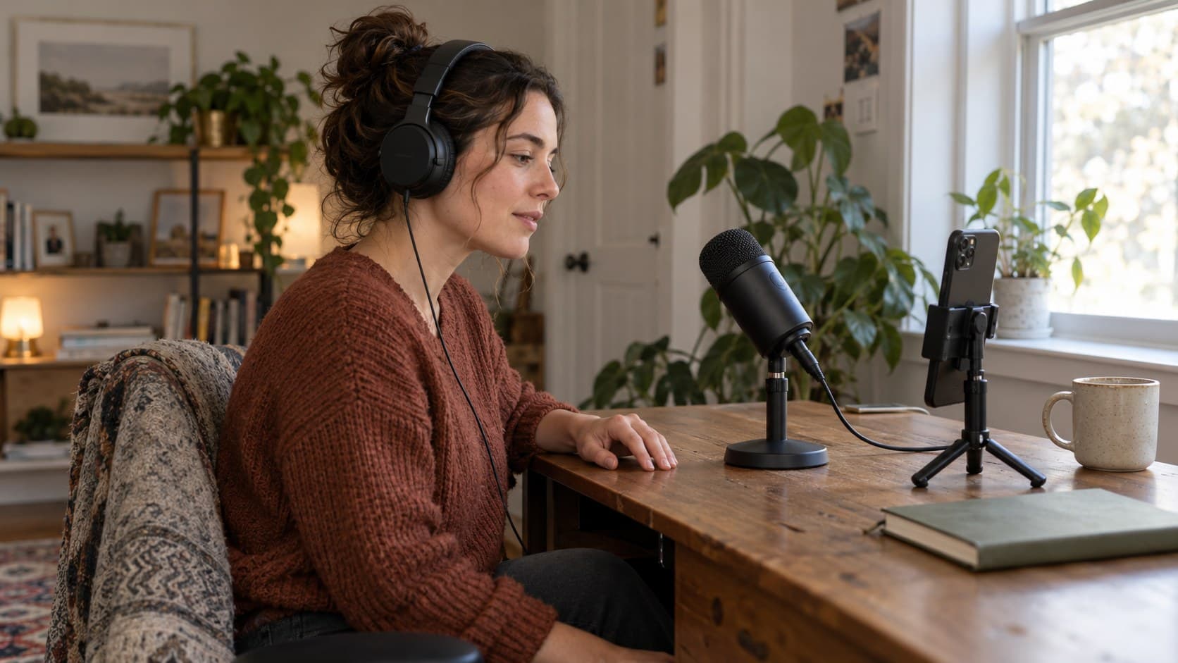 Creator wearing headphones checks a desktop microphone beside a phone on a tripod.
