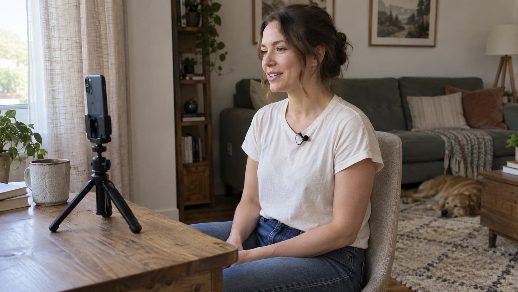 Creator recording a spoken video beside curtains and soft furnishings with a phone and clip-on microphone