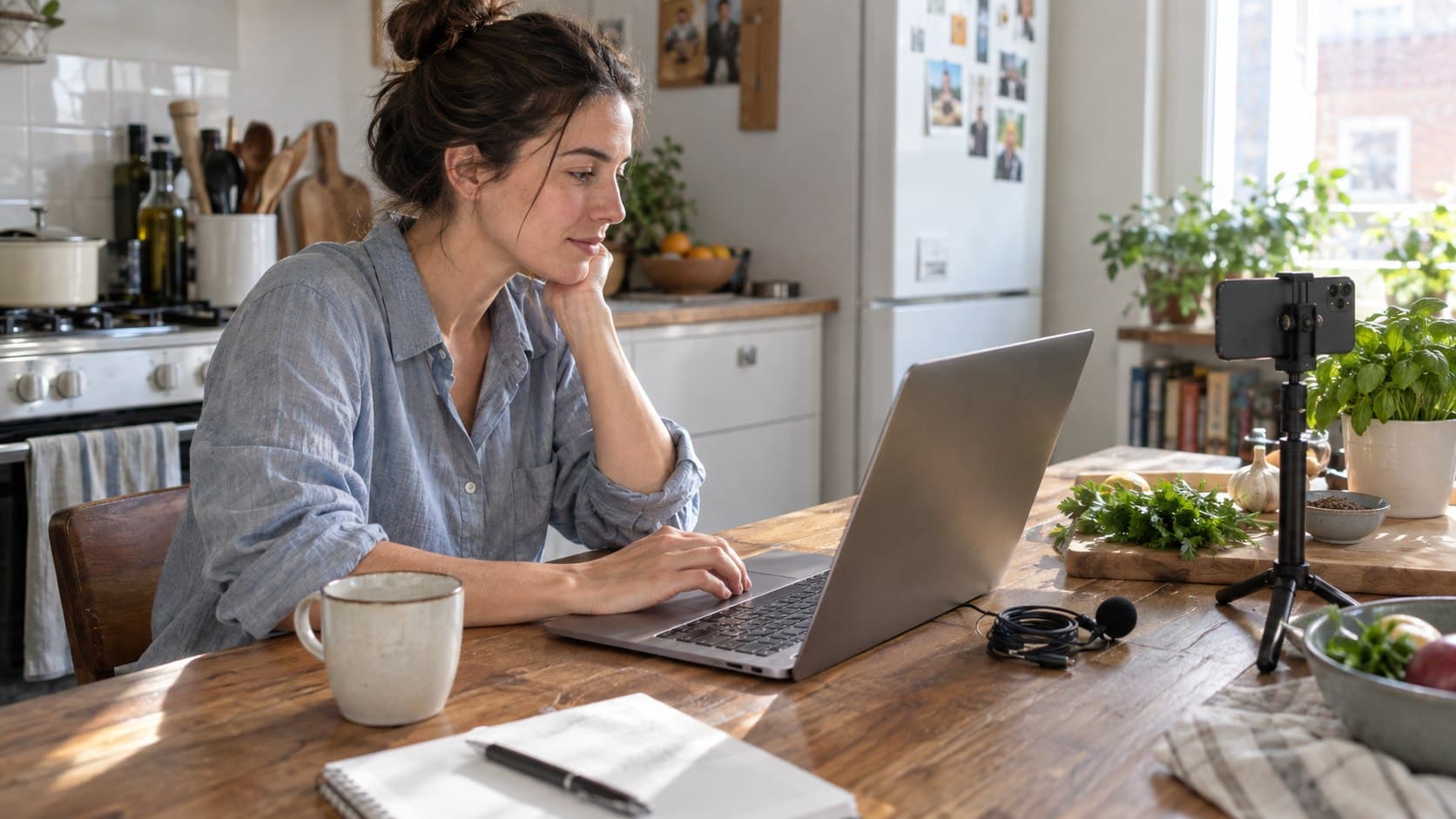 Creator reviewing a video on a laptop beside a phone tripod and herbs in a home kitchen