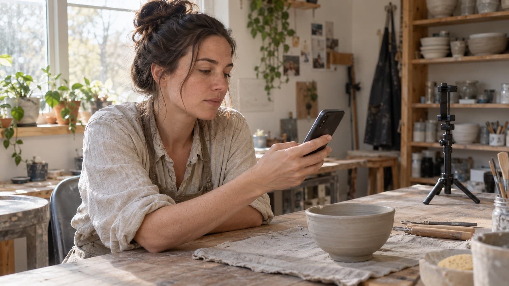 Pottery tutorial creator reviewing a smartphone beside a clay bowl in a sunlit studio