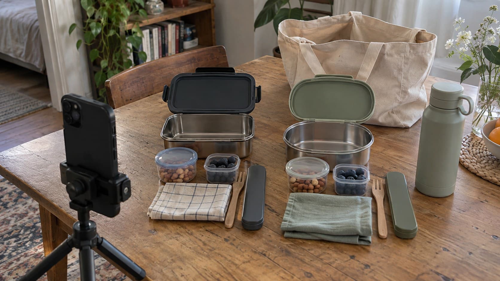 Two lunch containers arranged for a smartphone comparison beside a commuter tote.
