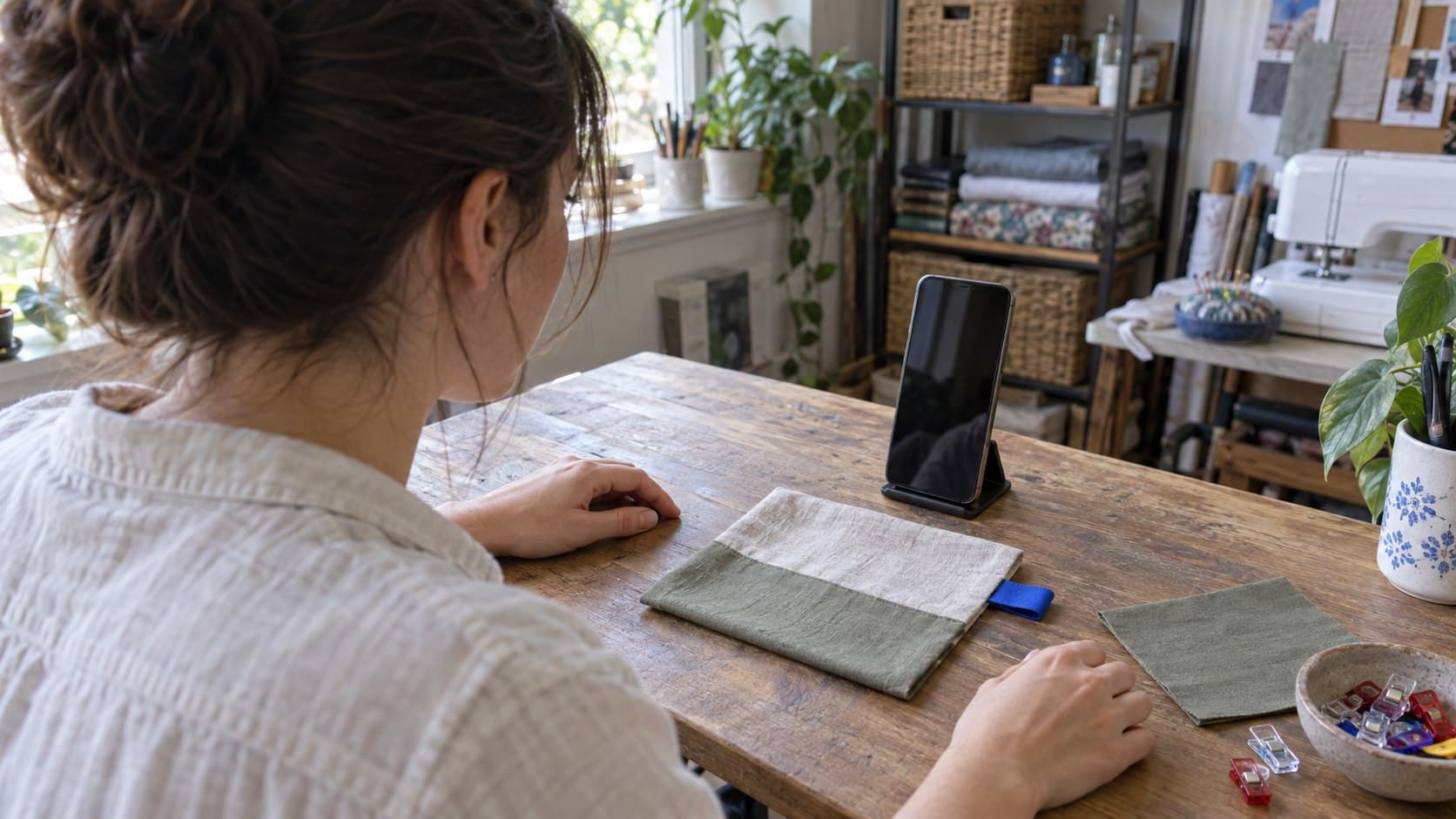 Creator checking a phone beside a fabric sample with a blue orientation tab.