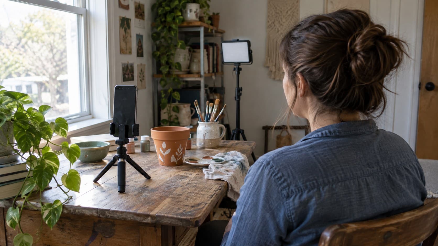 Creator preparing a phone tripod and painting tutorial beside a window and LED light
