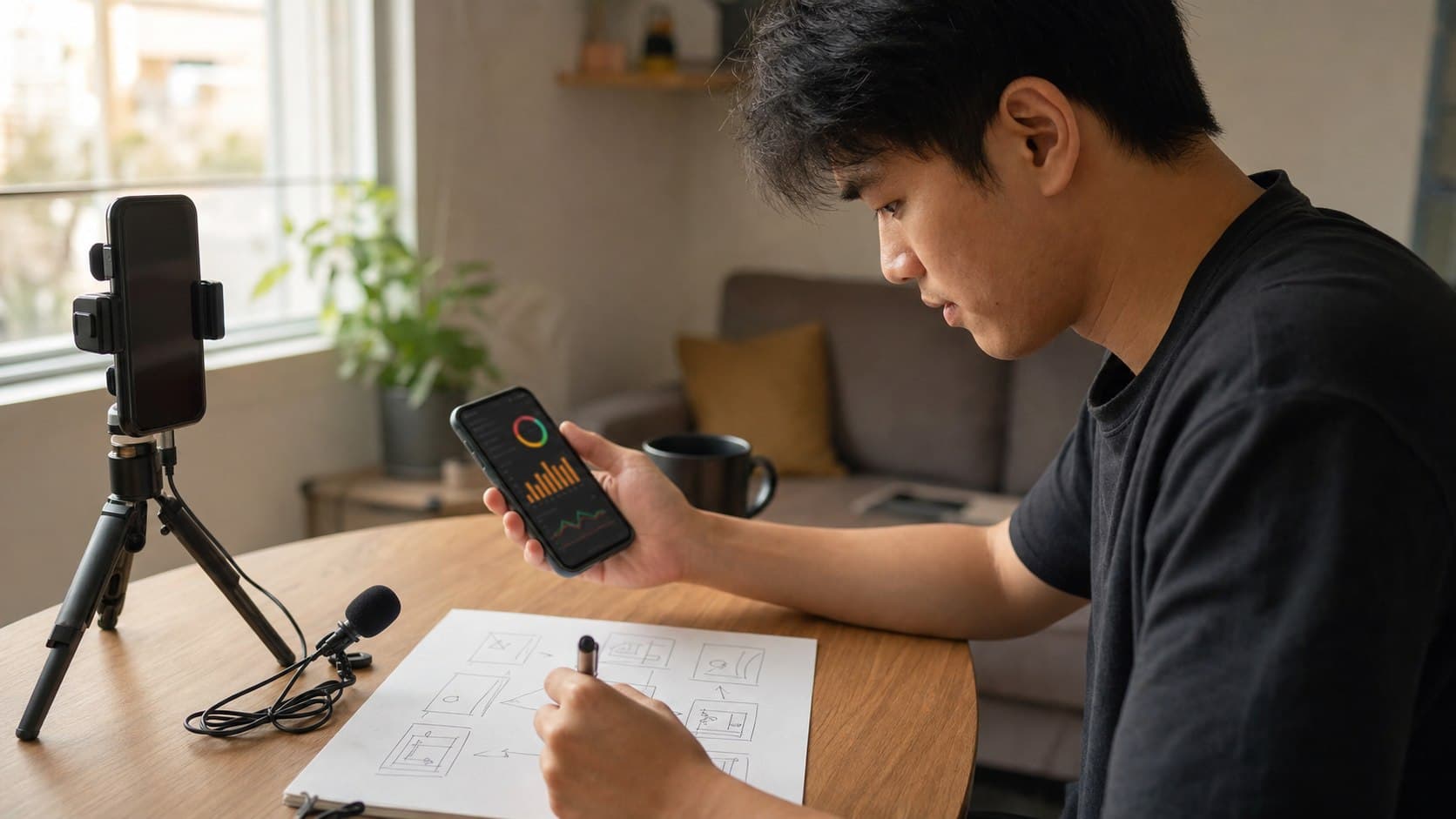 Creator reviewing post analytics while storyboarding a useful follow-up TikTok video