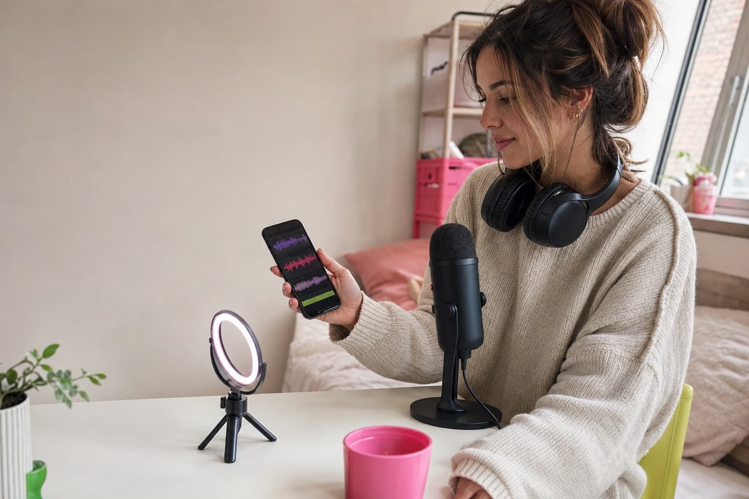 TikTok creator reviewing audio waveforms on her phone in a home recording setup