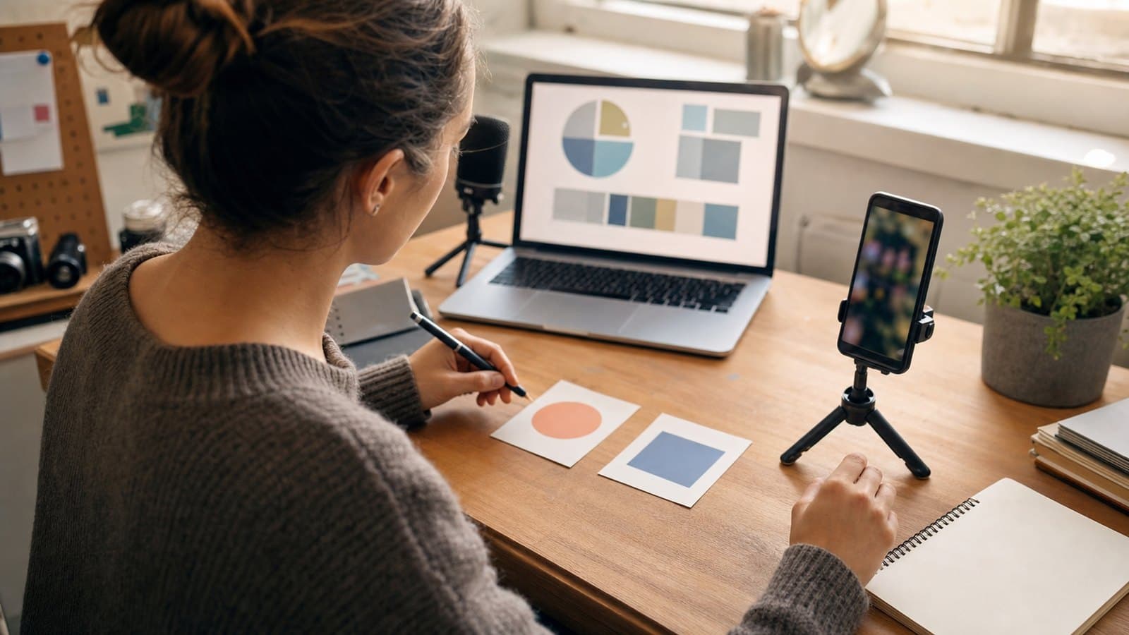 Creator comparing two content idea cards beside a phone and analytics laptop