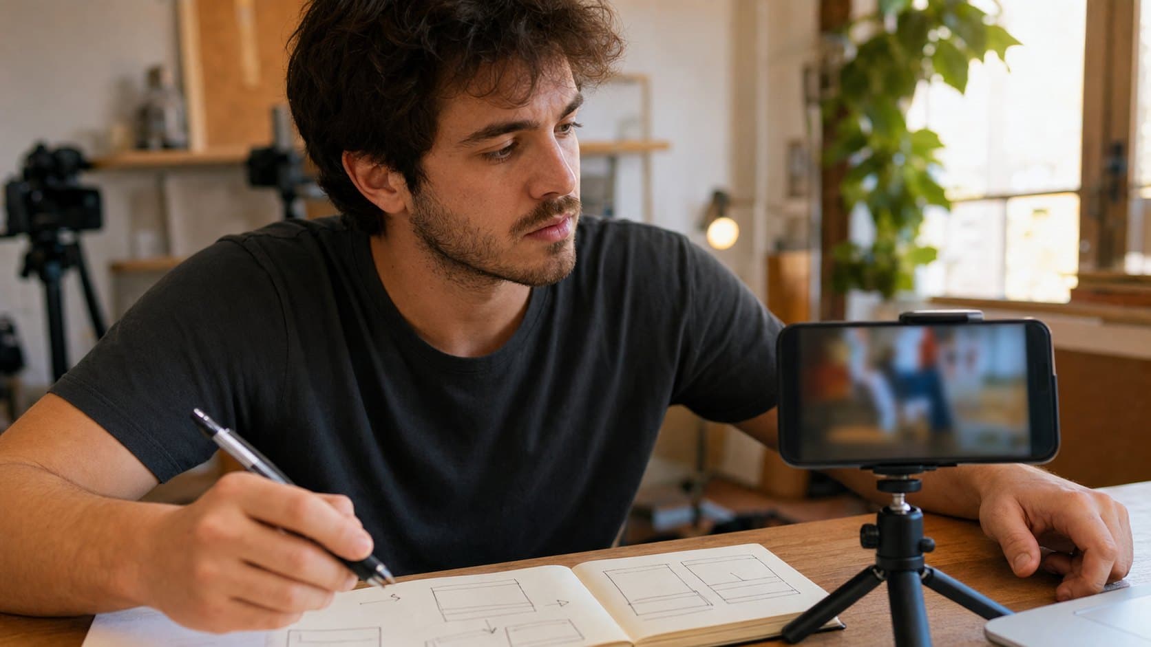 Creator comparing two short-form video concepts beside a phone on a tripod