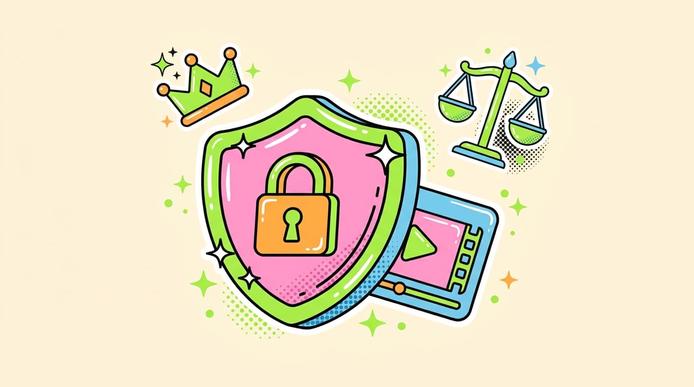Illustration of a shield with a padlock protecting a video, with a crown and legal scales, representing intellectual property protection for creators