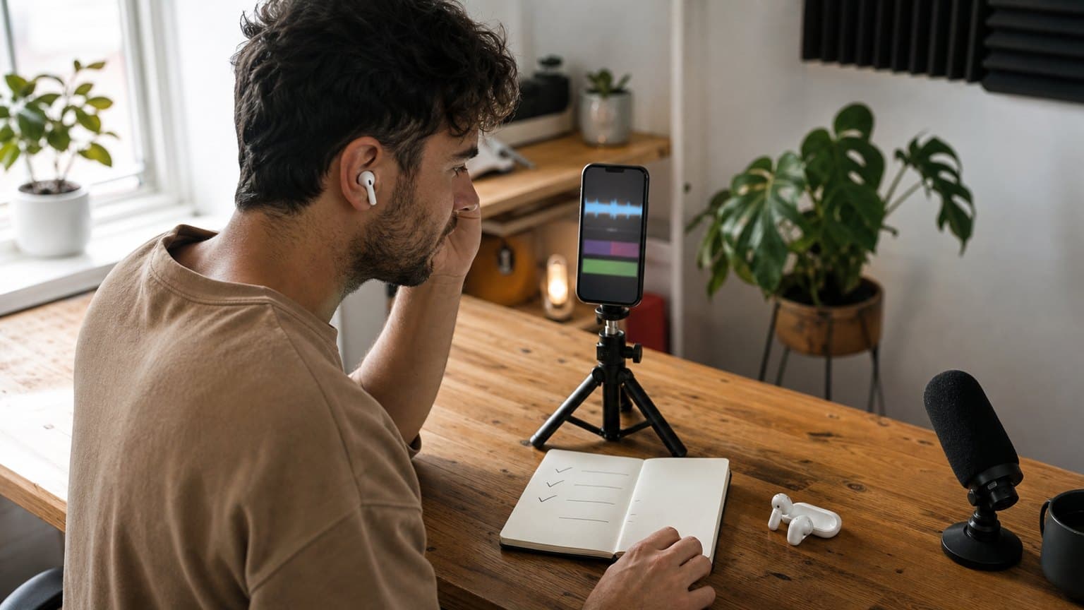 Creator evaluating a TikTok sound while planning a video at a home studio desk