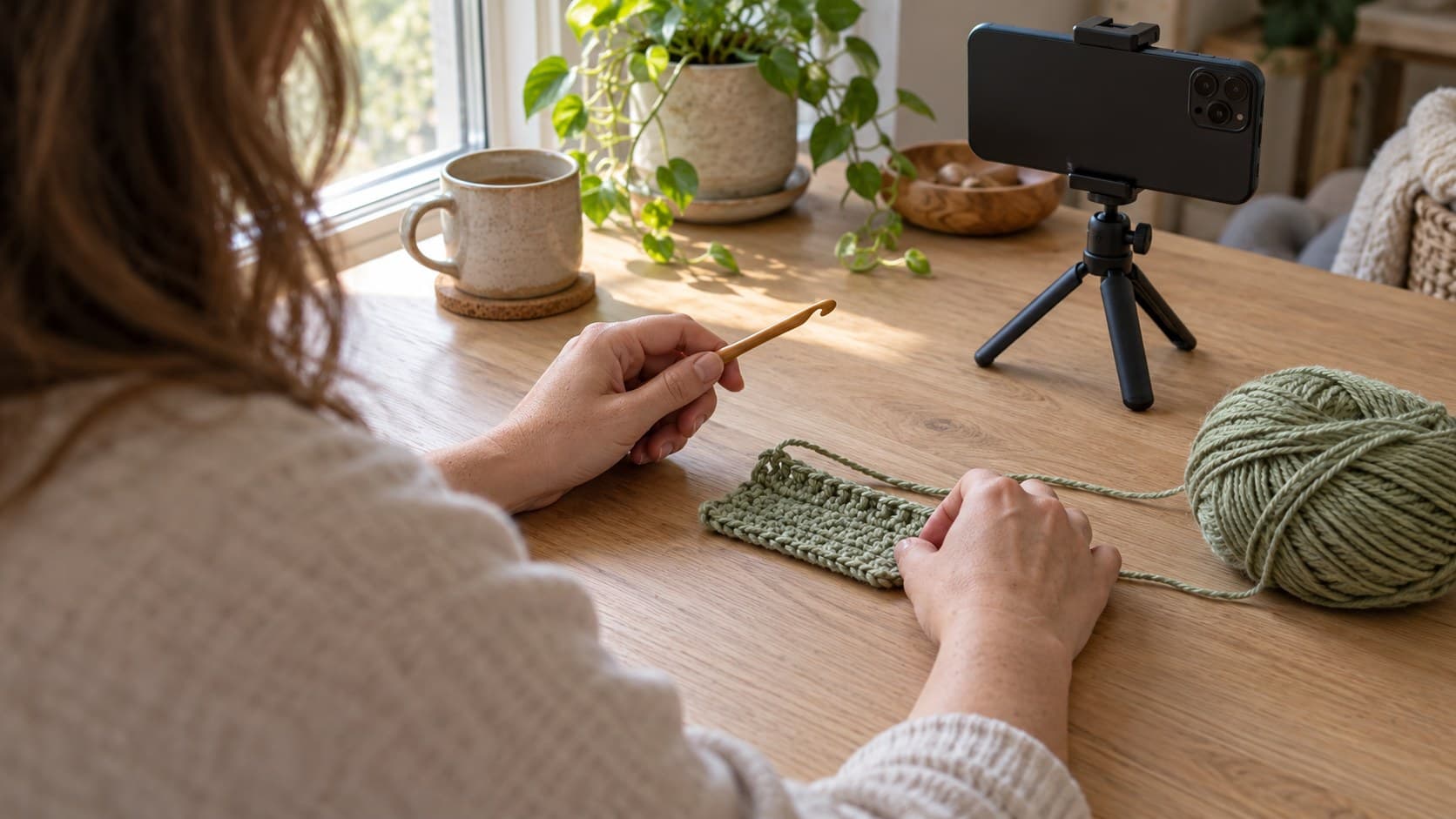 Creator holding a crochet hook in her left hand beside a yarn swatch and a mounted phone
