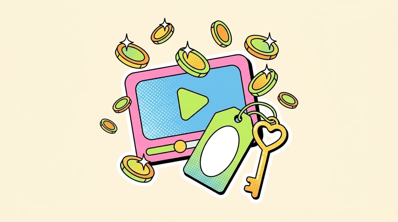 Illustration of a video player with a price tag and golden key surrounded by coins, representing licensing TikTok content for monetization