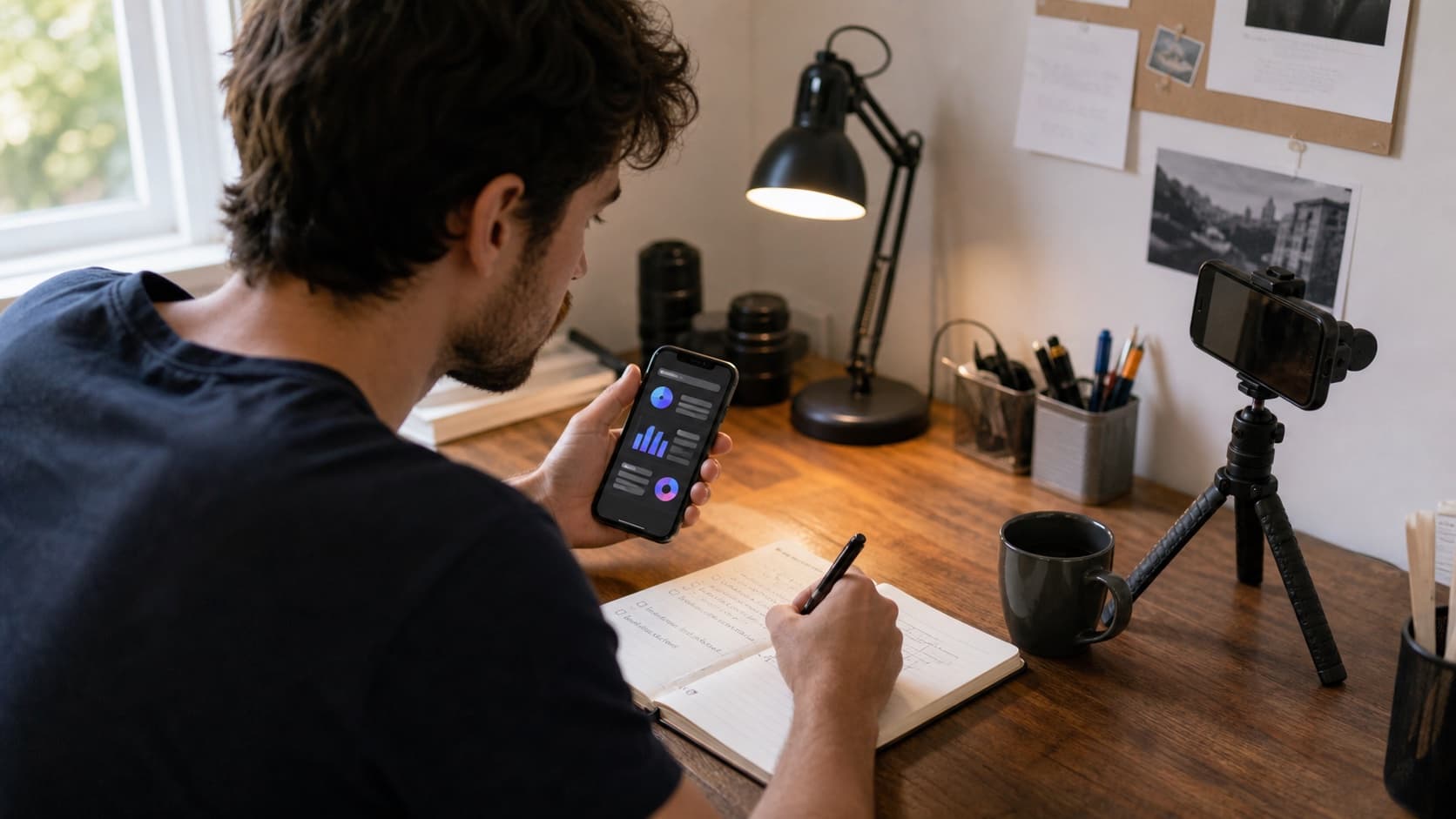 Creator comparing video analytics while planning a follow-up post at a home desk