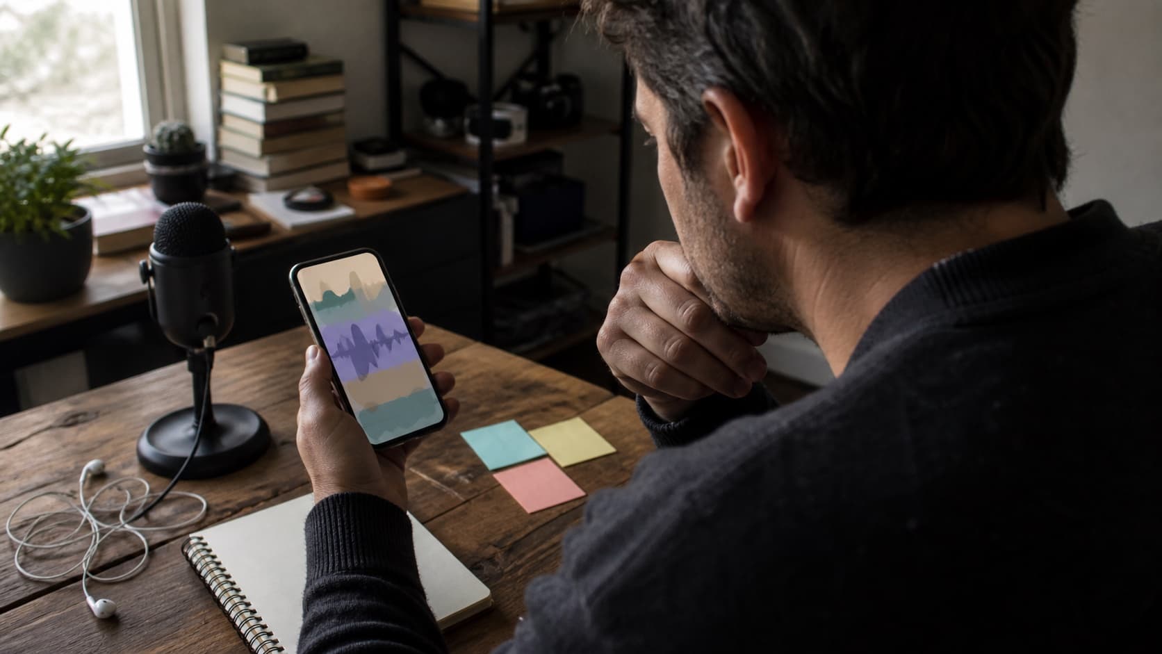 Creator planning TikTok audio options at a home studio desk