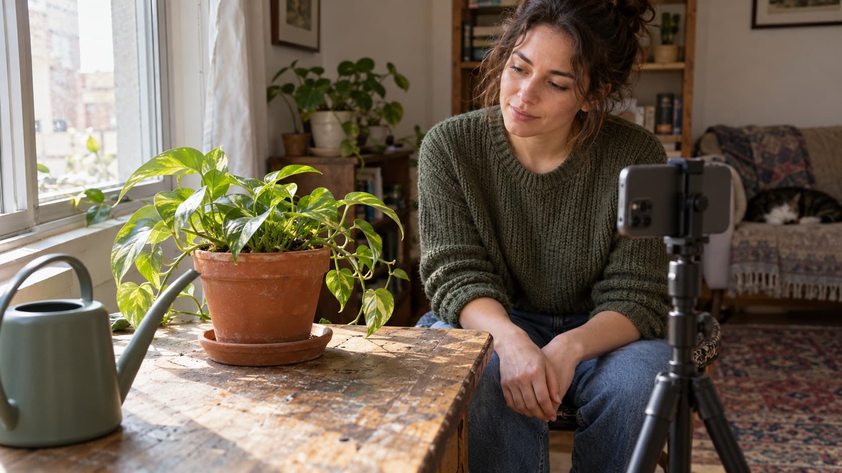 Houseplant creator preparing to film a pothos beside a watering can and tripod-mounted phone
