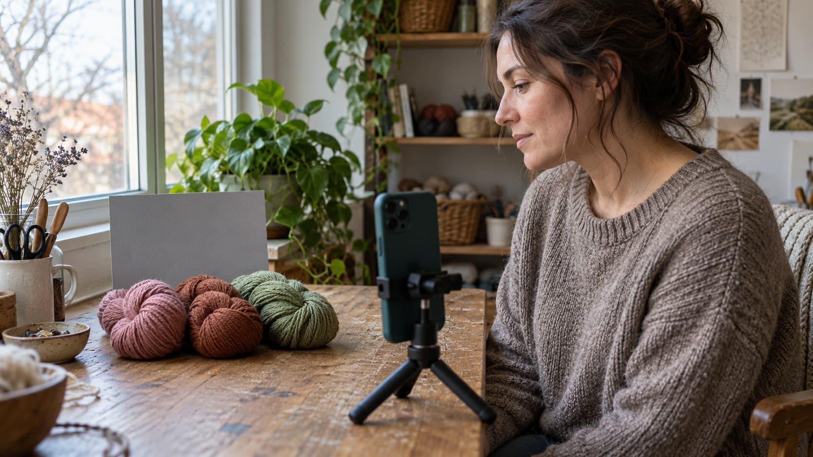 Craft creator checking muted yarn shades and a neutral gray reference card beside a window.
