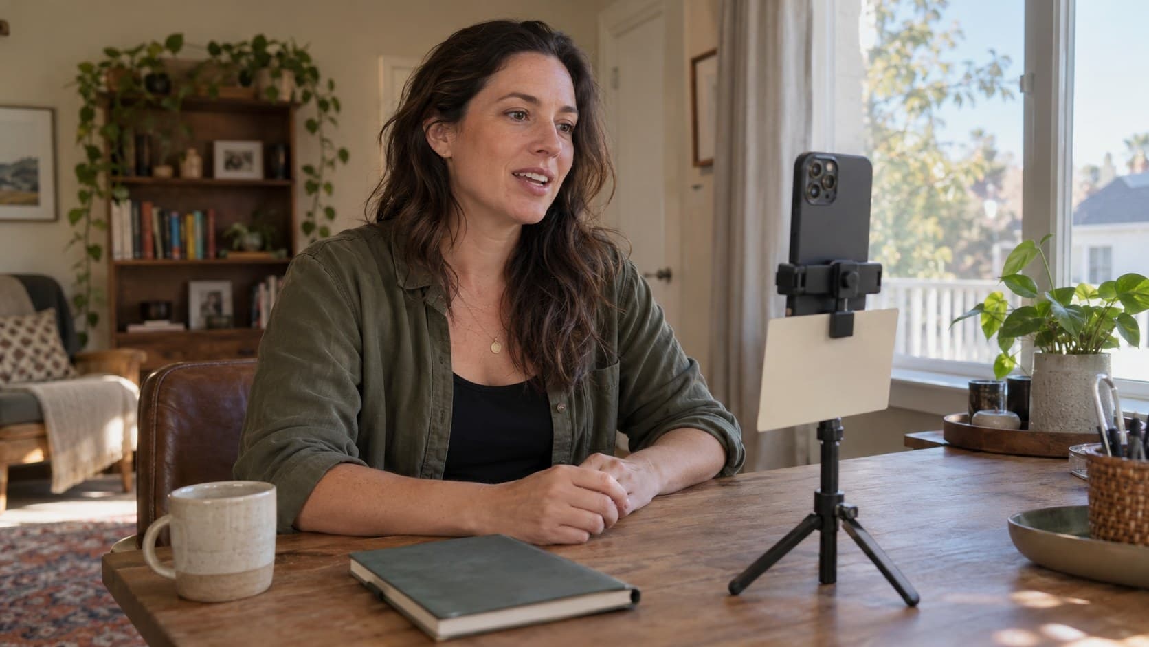 Creator rehearsing a video beside a phone-mounted cue card in a sunlit home office.