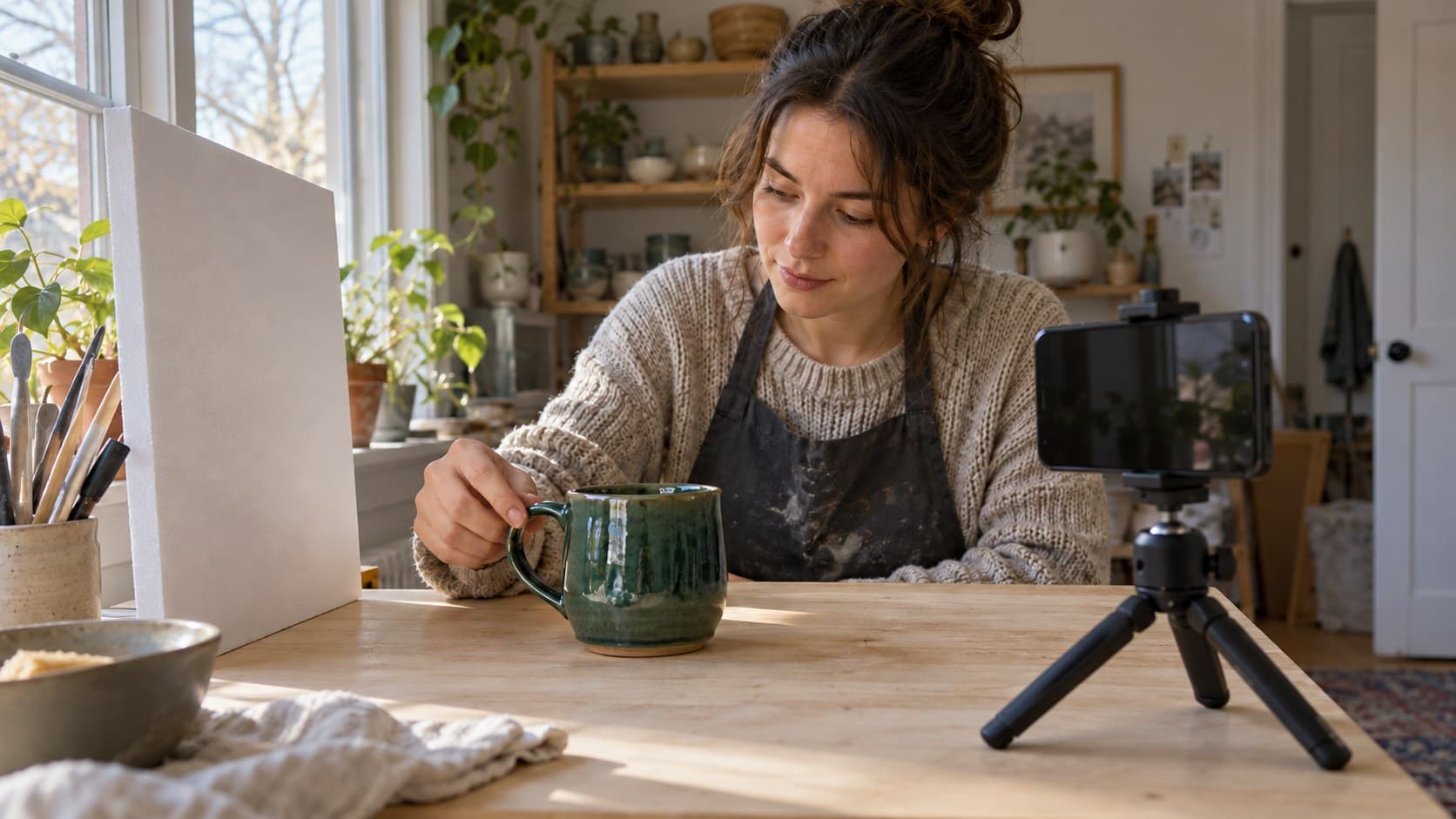 Pottery creator positioning a glazed green mug beside a window for a phone video