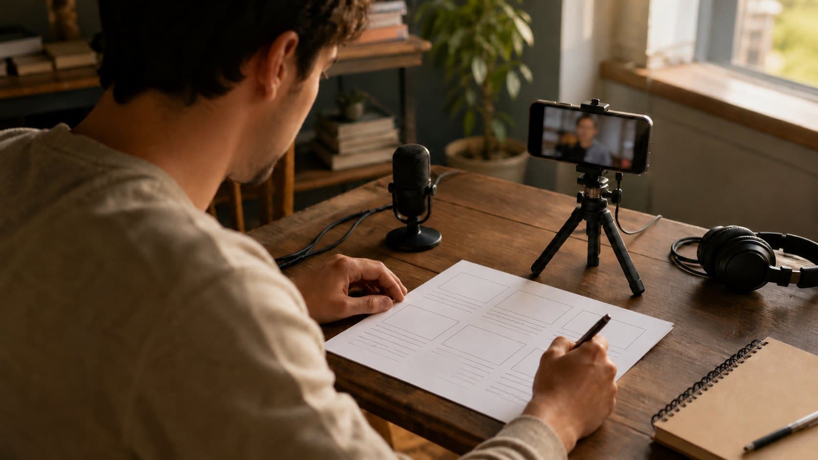 Creator planning a three-part TikTok video series with a microphone and storyboard