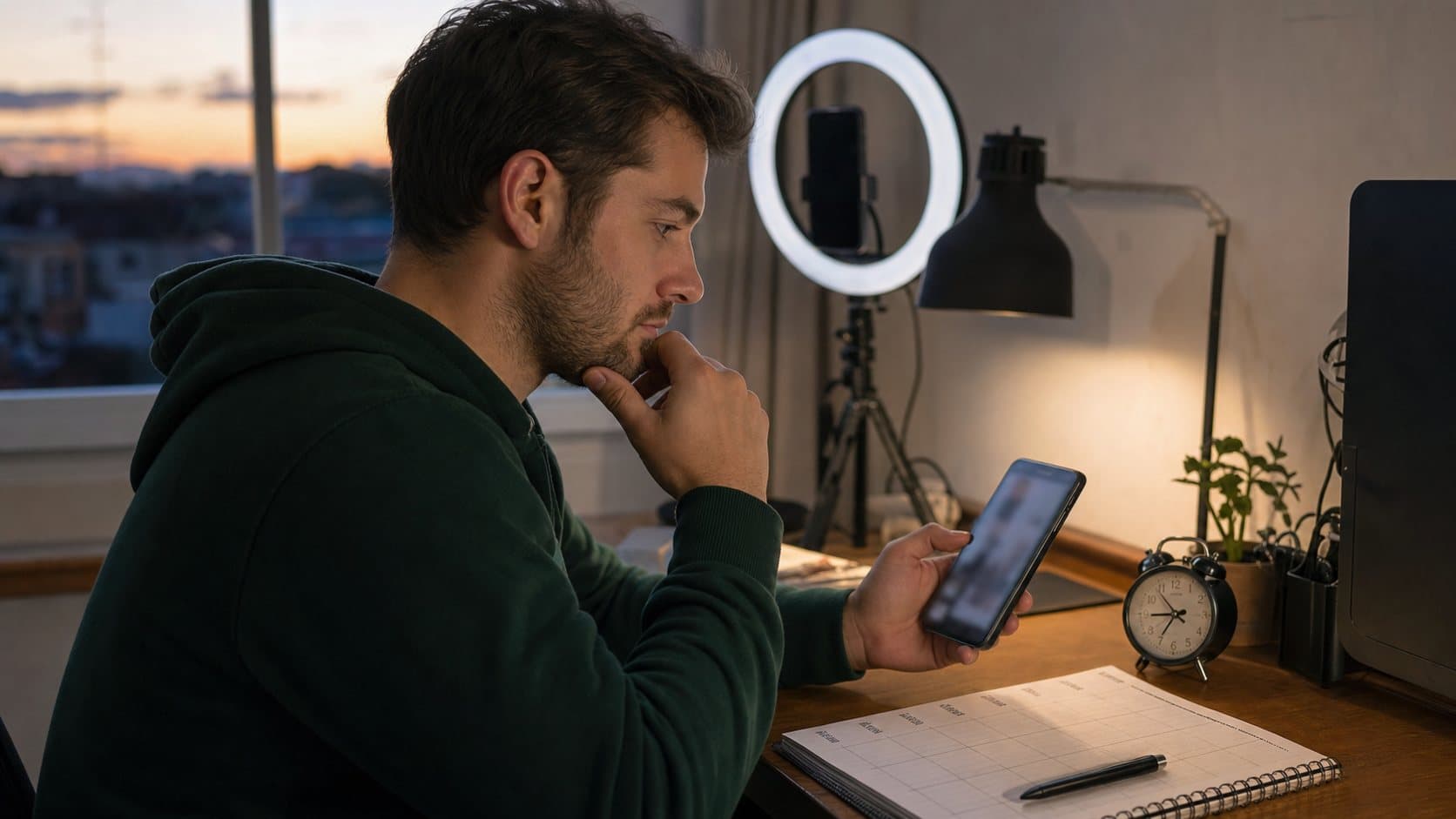 Creator checking a phone beside a planner and clock before publishing a video