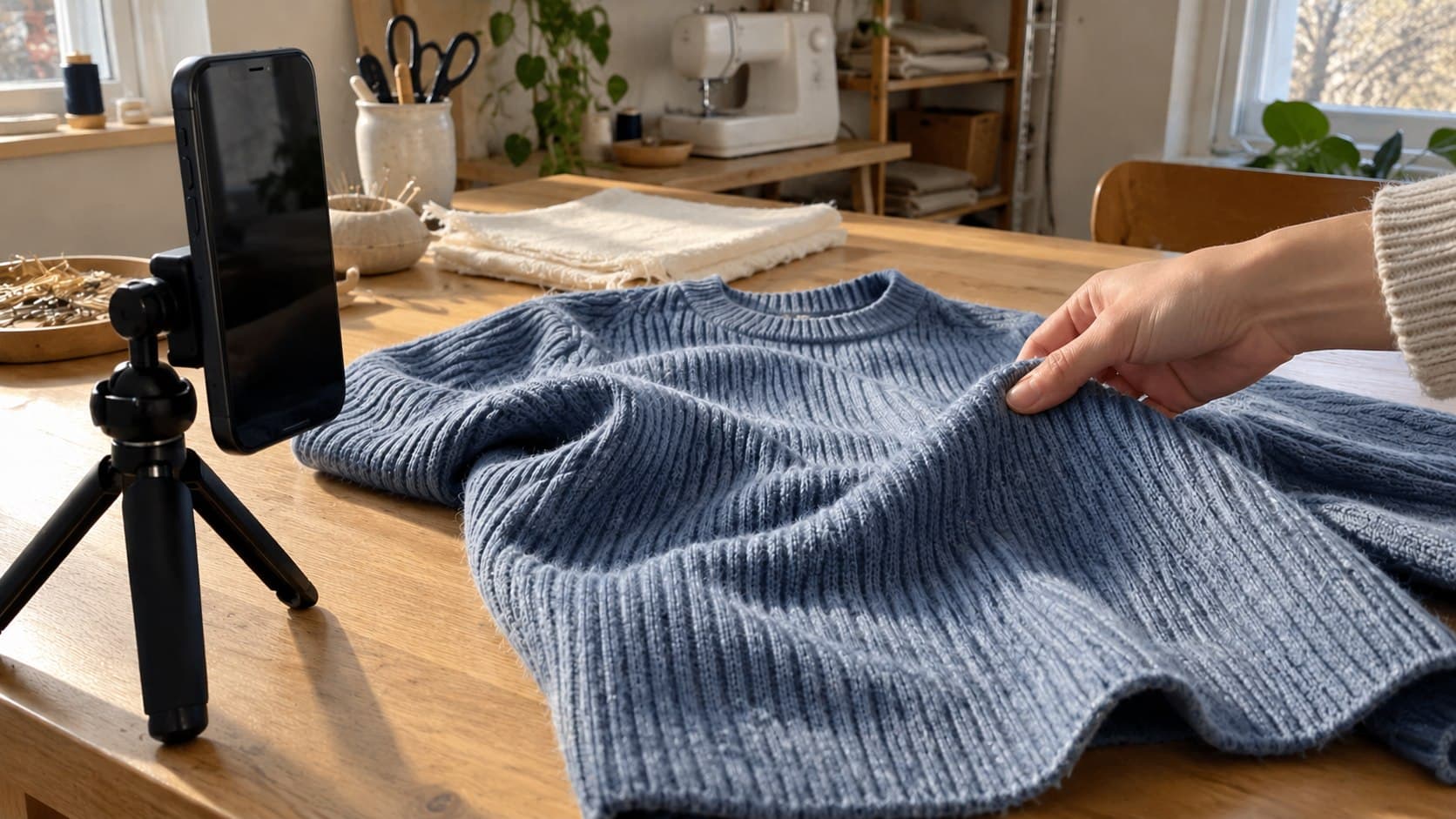 A creator lifts a blue rib-knit sweater beside a tripod-mounted phone in a sunlit sewing studio.