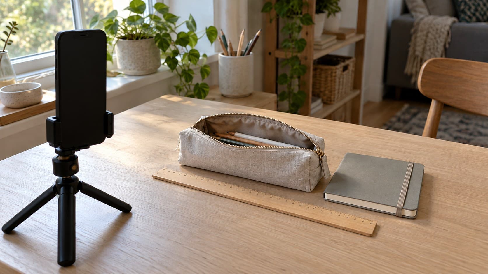 Phone on a tripod beside a pouch, ruler, and notebook prepared for a product-size demonstration