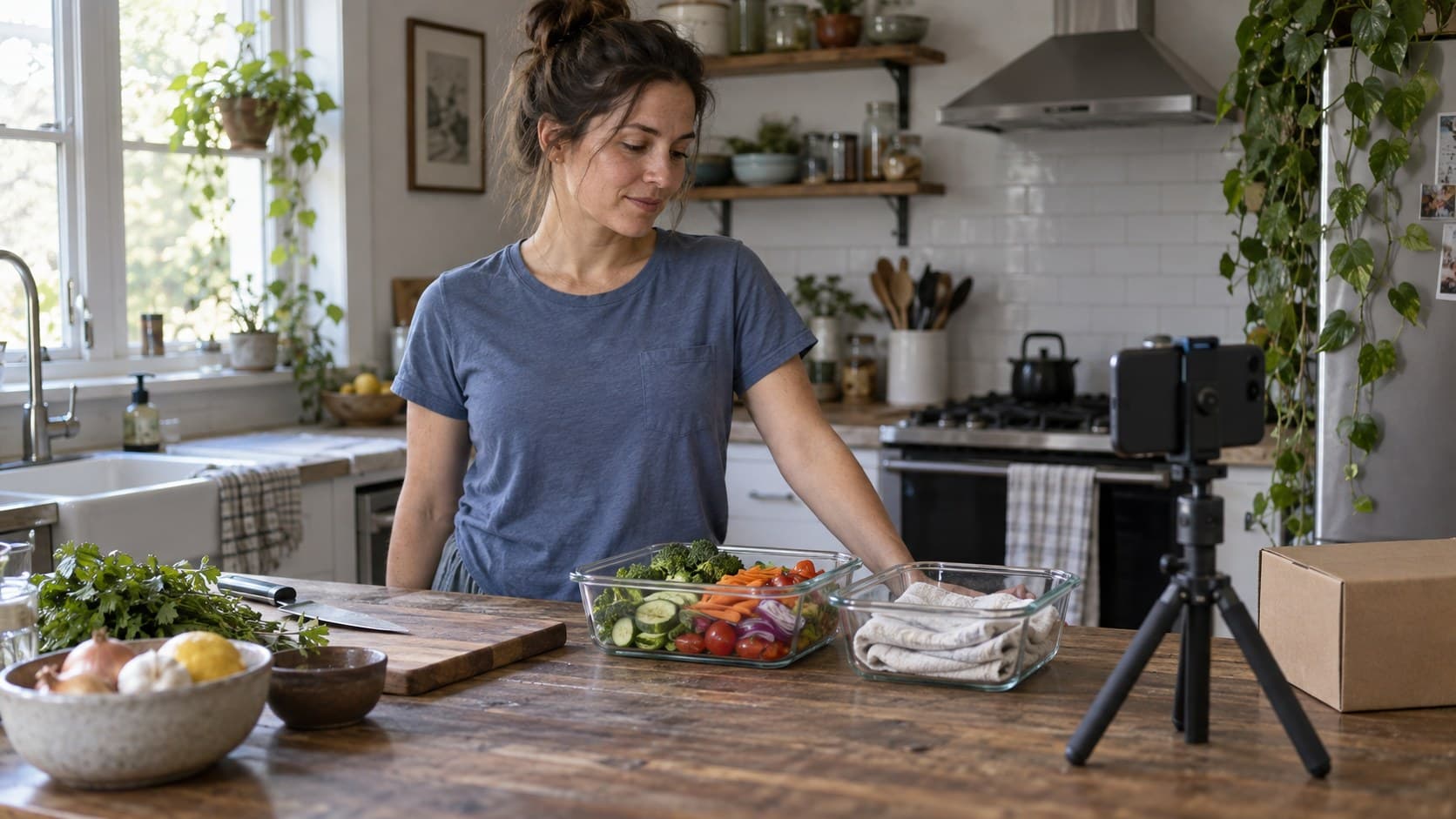 Cooking creator preparing a meal-prep tutorial beside a phone tripod and an unbranded product box.