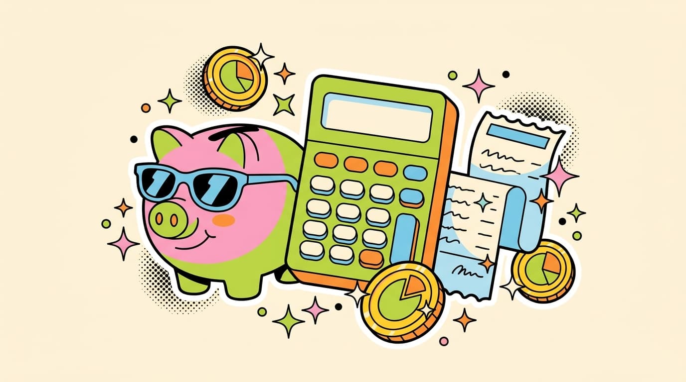 Illustration of a piggy bank, calculator, receipt, and coins with a pie chart, representing tax savings for TikTok creators