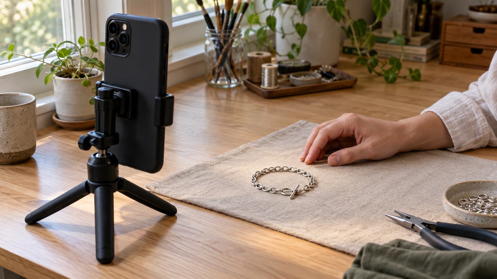 Phone on a tabletop tripod beside a bracelet and a creator’s hand in a naturally lit craft workspace