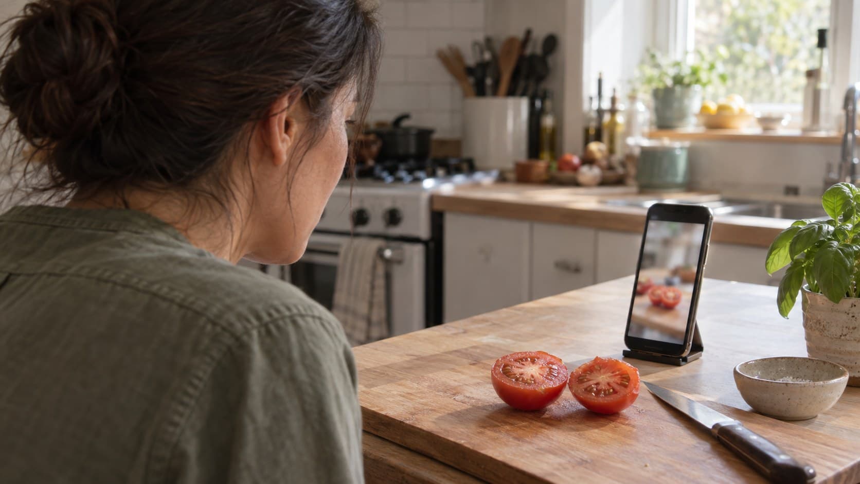 Cooking creator reviewing a tomato tutorial on a phone beside a chopping board