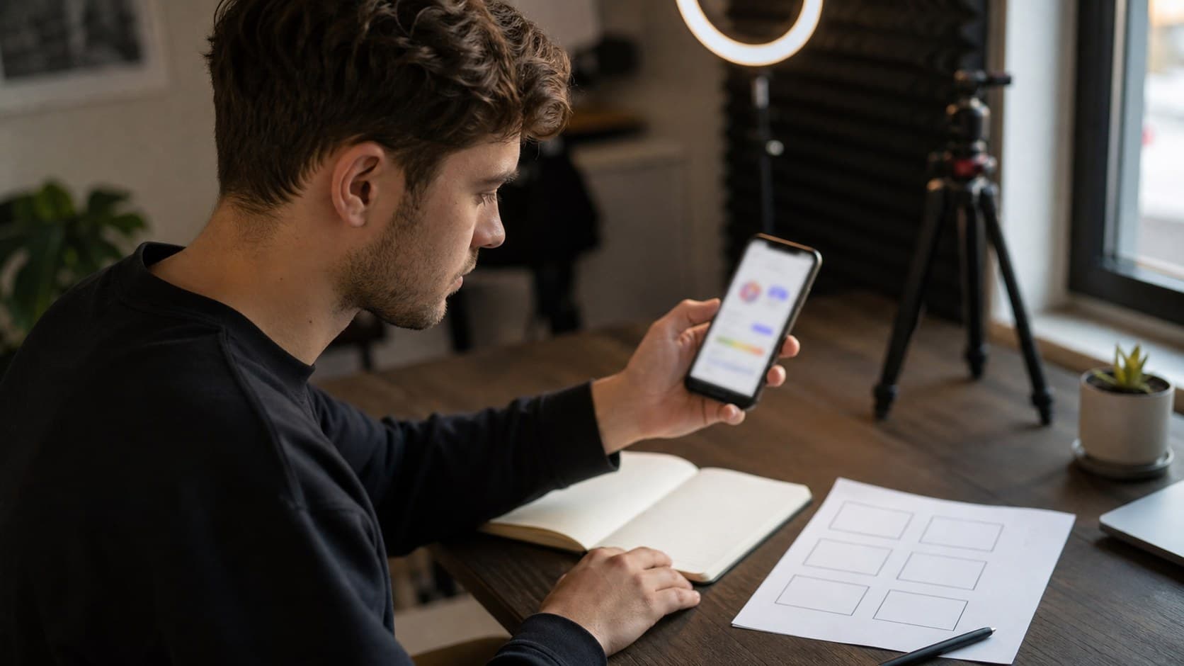 Creator reviewing TikTok analytics while planning a follow-up video at a home studio desk