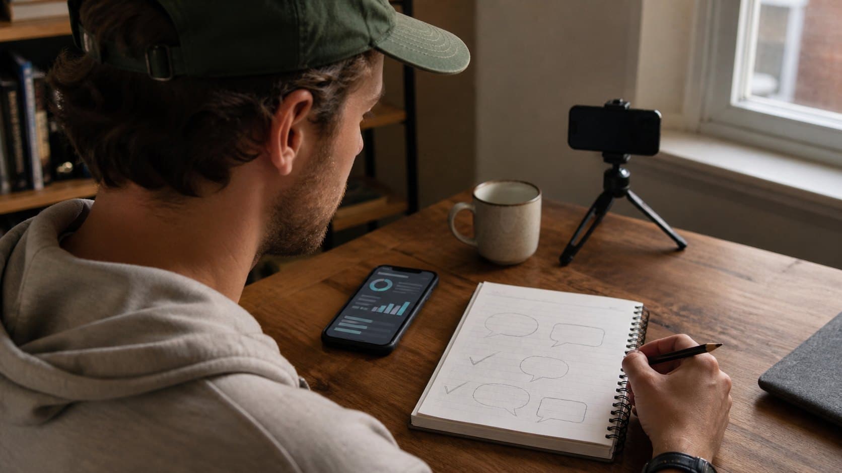 Creator comparing TikTok comment themes with account analytics while planning a next post