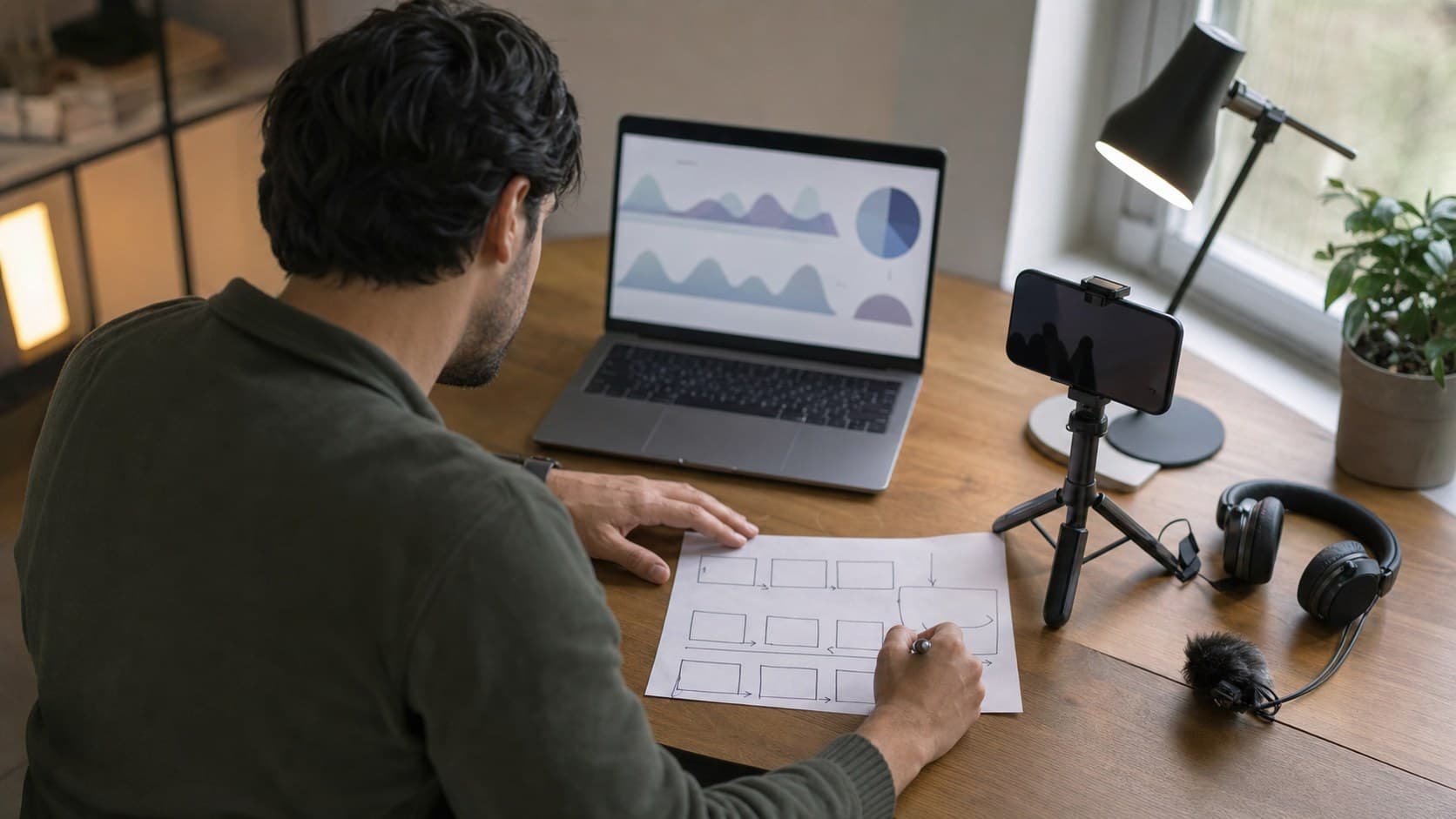 Creator reviewing analytics while storyboarding a more shareable TikTok follow-up