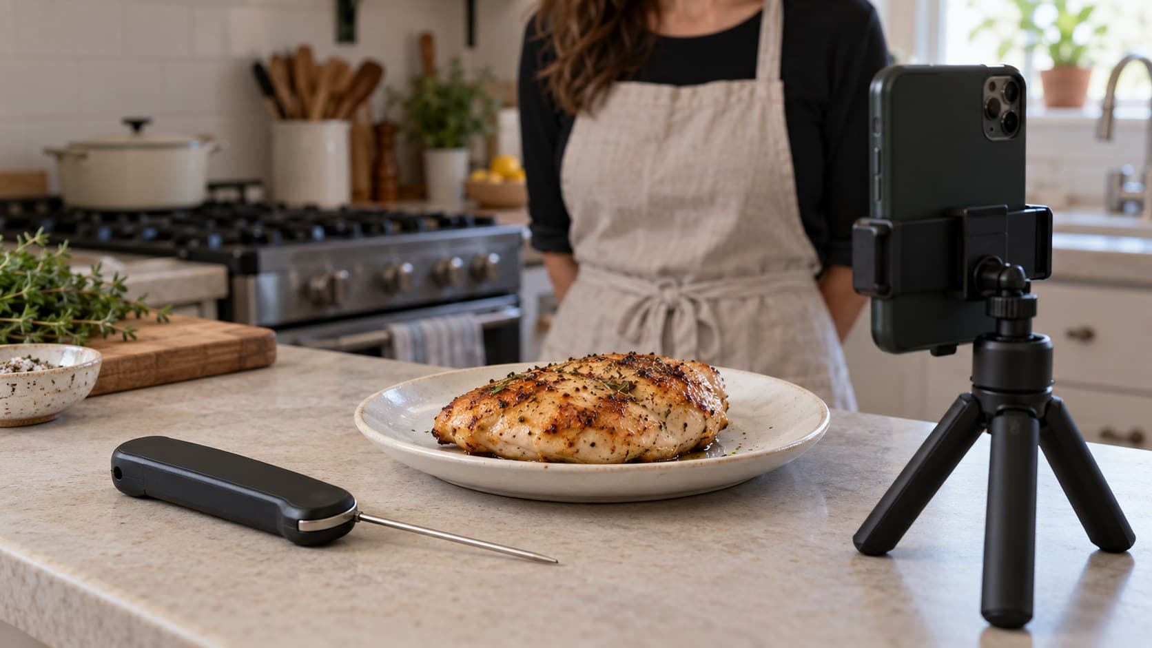 Phone on a kitchen tripod beside a plate of chicken and a food thermometer, ready for a cooking demonstration.