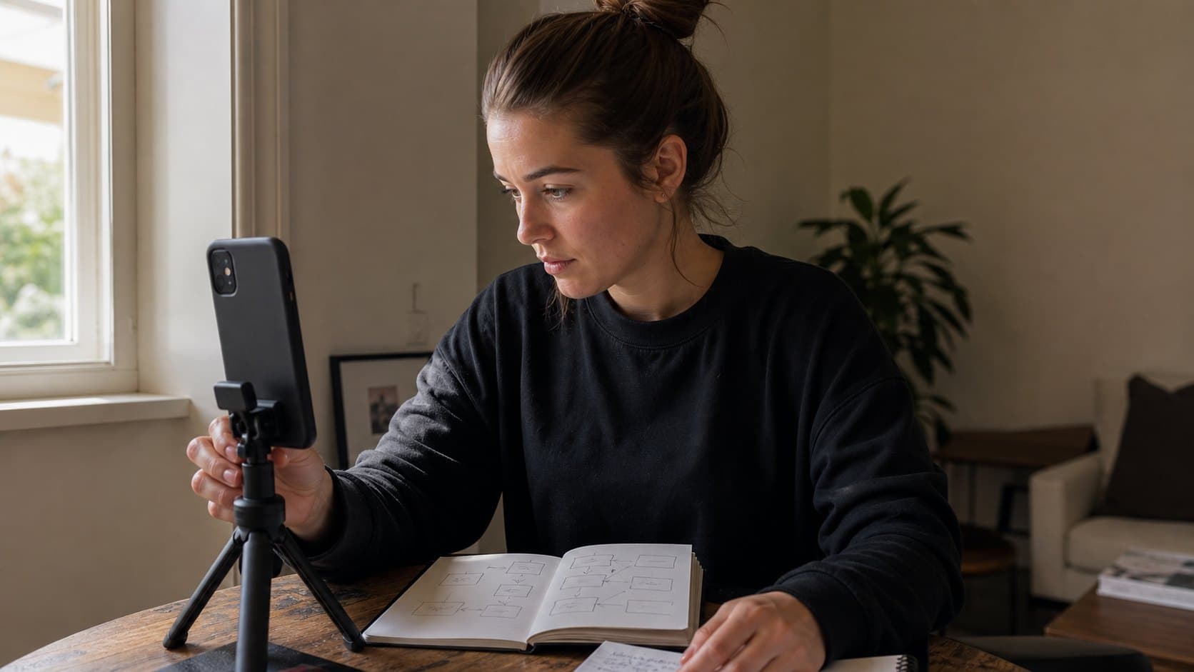 Creator planning a stranger-friendly TikTok hook at a home desk