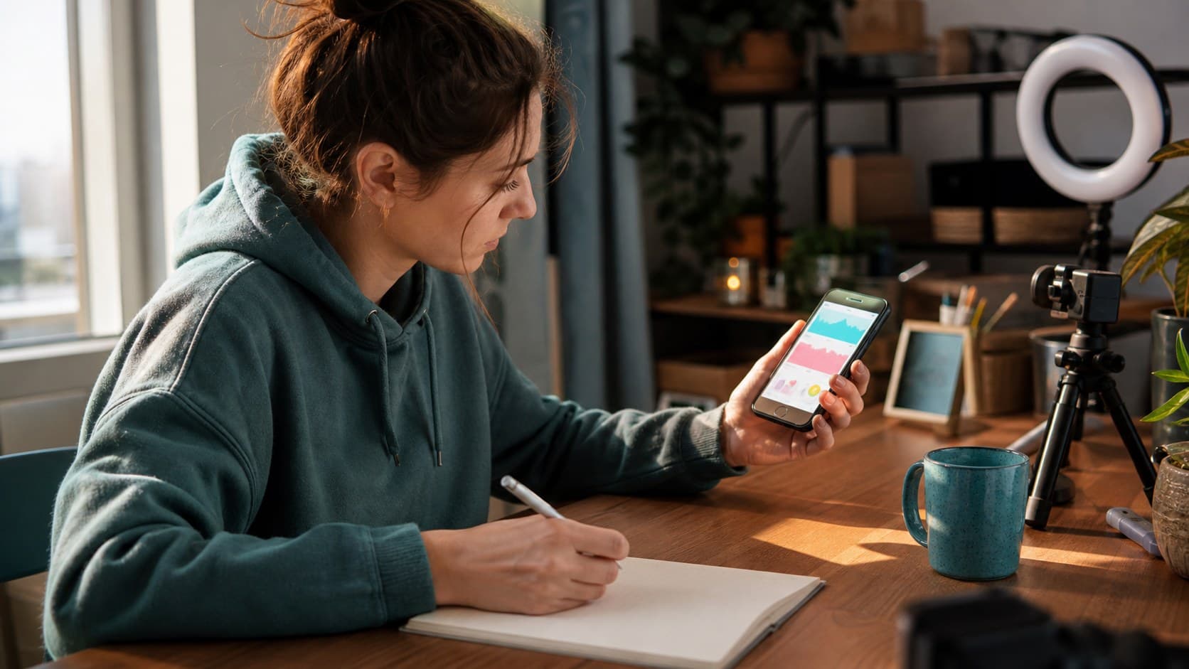 Creator comparing TikTok analytics on a phone while planning a searchable next post
