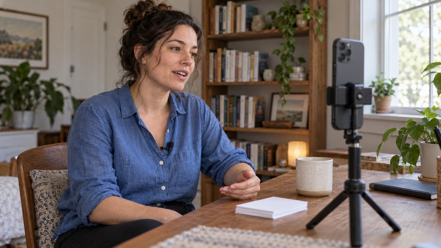 Creator recording a talking-head explanation with a smartphone and clip microphone at a home desk
