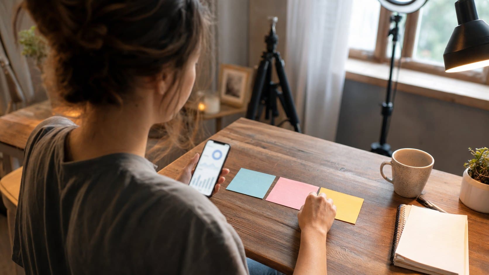 Creator planning a three-post TikTok follow-up sequence with a phone and color-coded cards