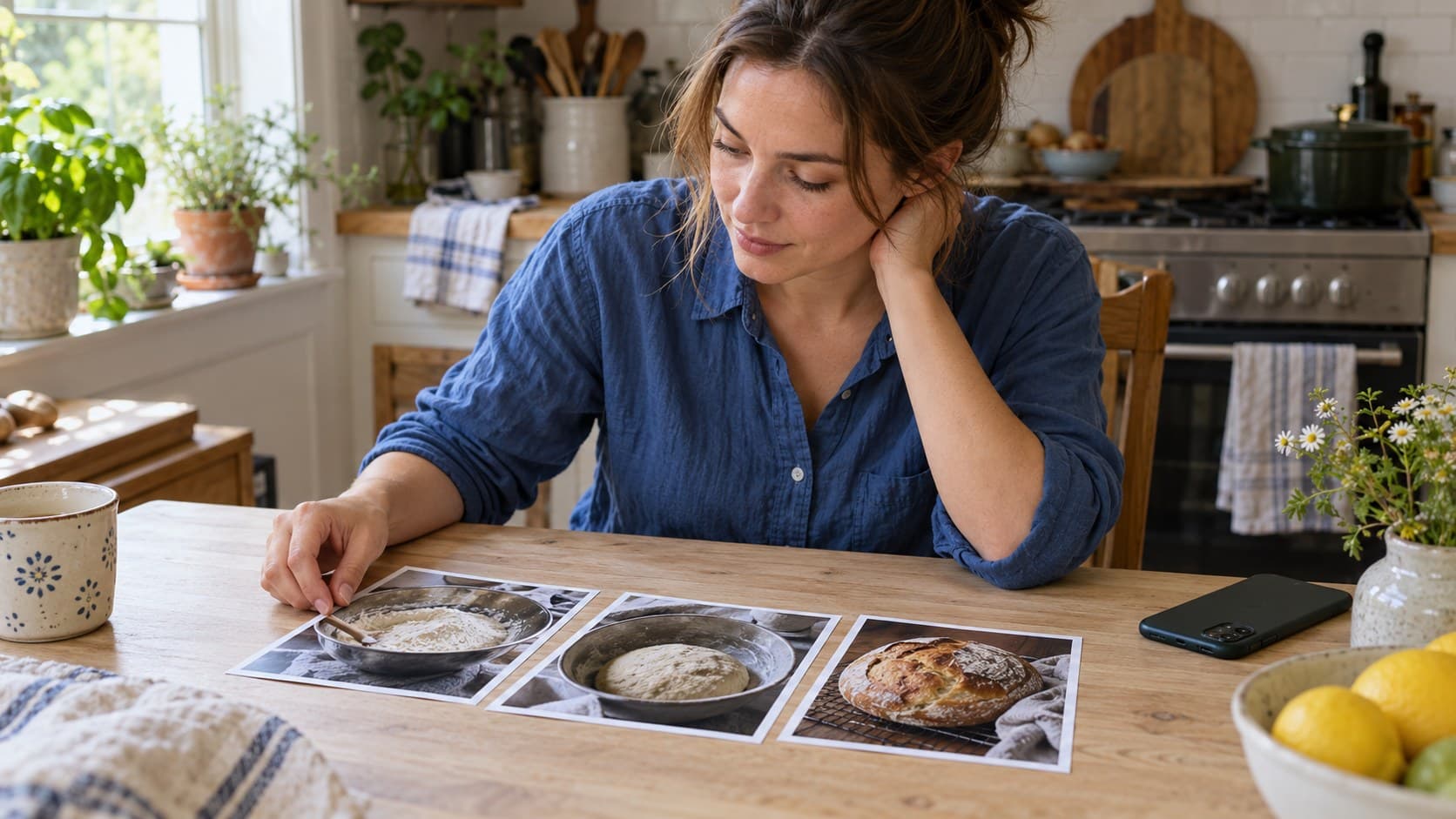 Creator reviewing three bread-making photos at a kitchen table before preparing a photo tutorial