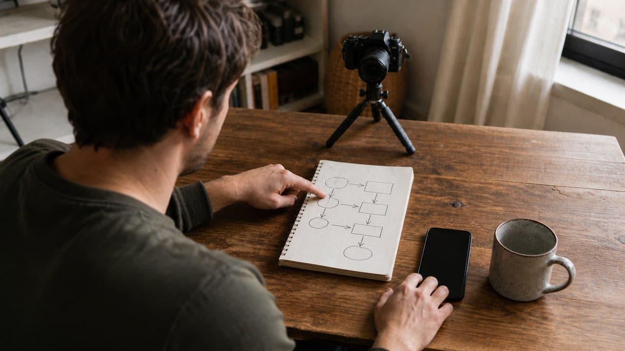 Creator planning a profile-to-link bridge post at a home studio desk