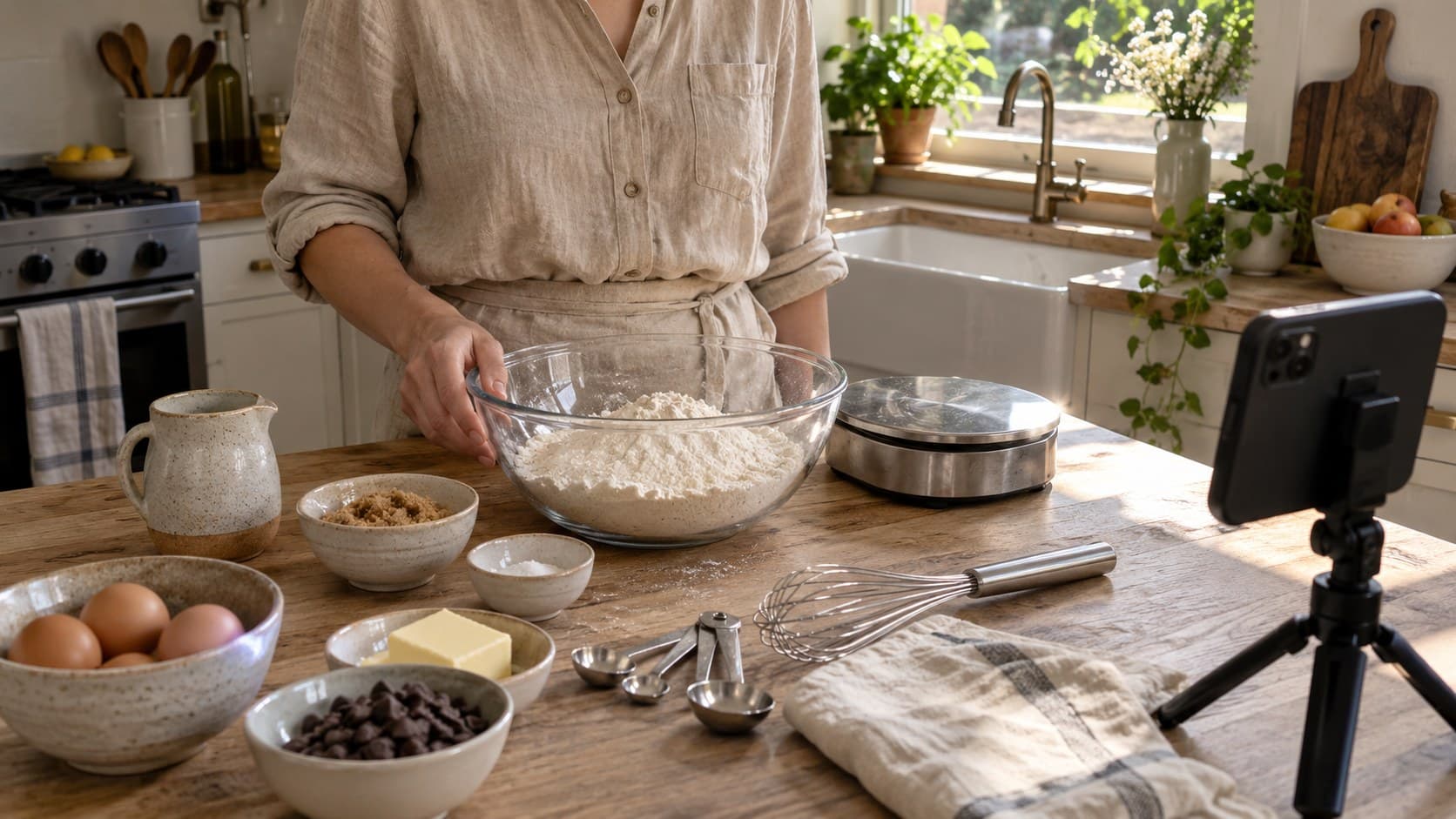 Food creator preparing measured ingredients beside a phone on a tripod in a sunlit kitchen