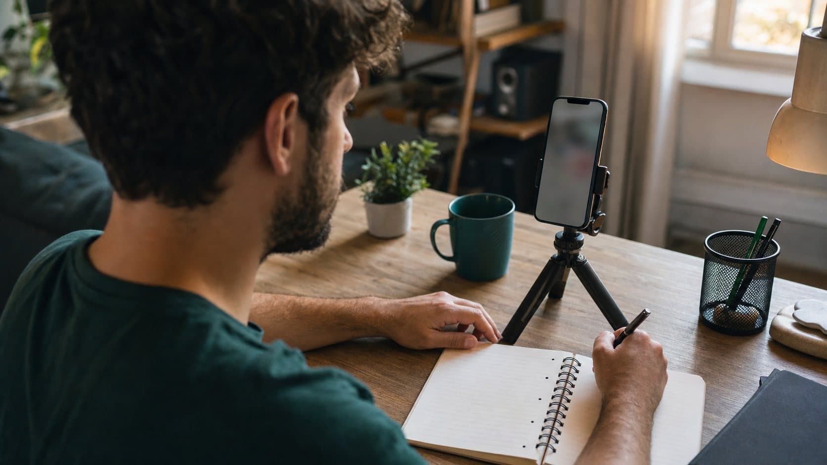 Creator planning a search-focused TikTok follow-up at a home workspace
