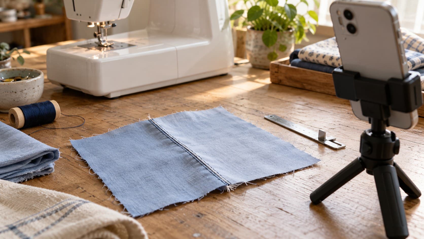 Blue fabric seam sample beside a sewing machine, metal gauge, and phone on a tabletop tripod.