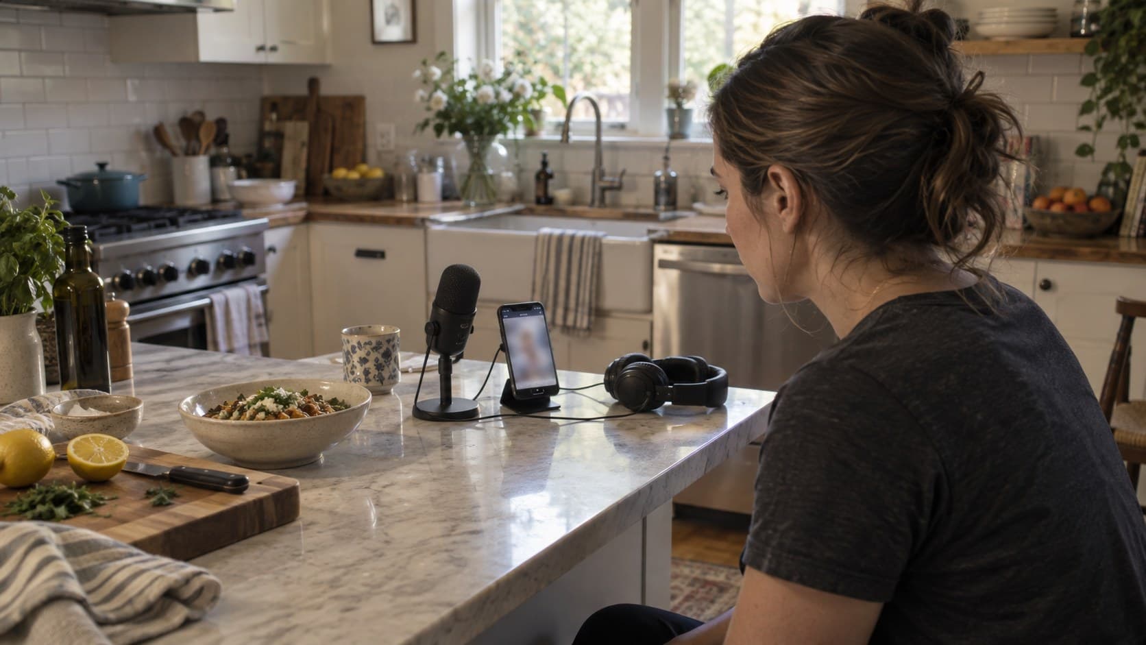 Cooking creator reviewing a filmed recipe beside a phone, microphone, and headphones in a home kitchen