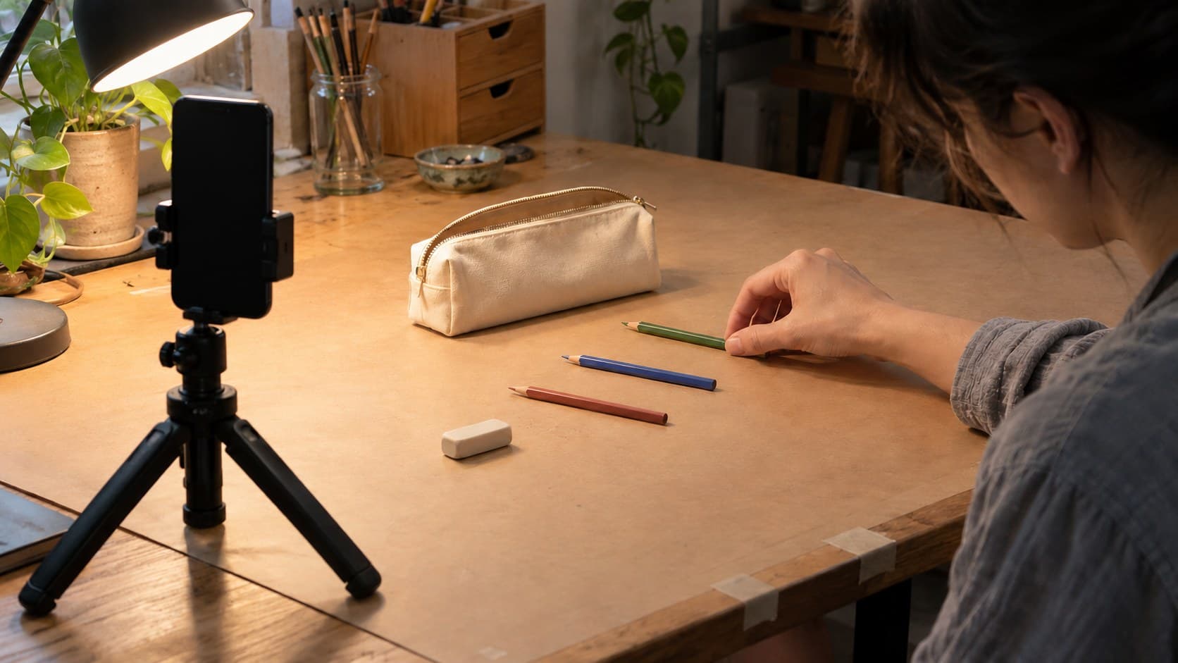 Creator arranging colored pencils for a stop-motion sequence beside a tripod-mounted phone.