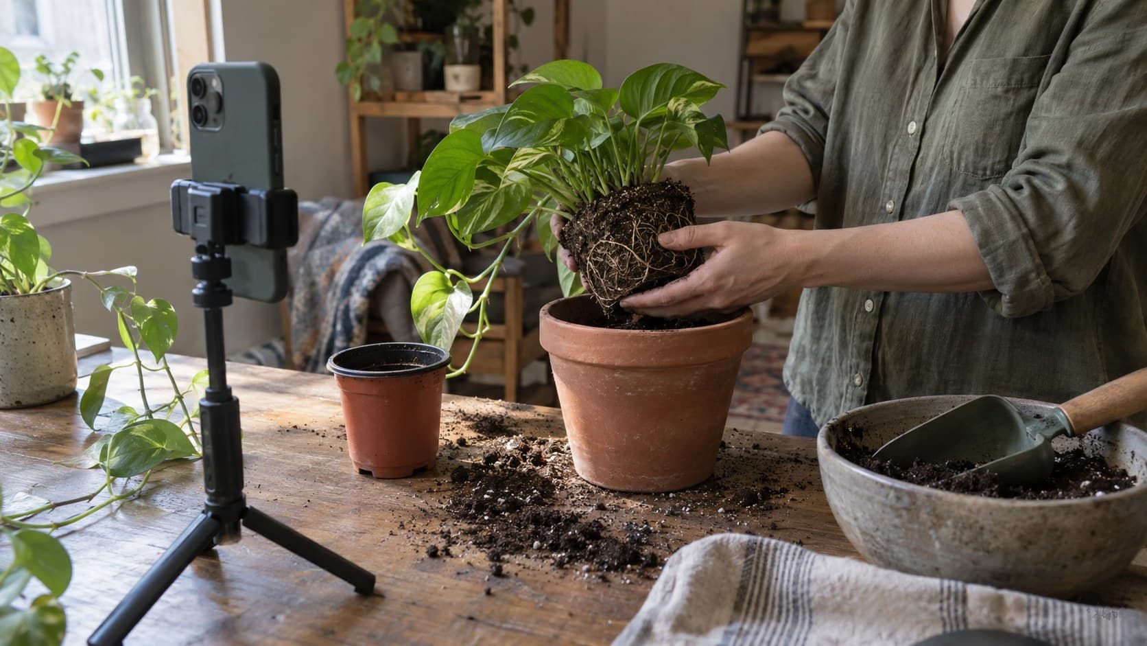 Plant creator holding a pothos root ball above a terracotta pot beside a phone on a tripod.