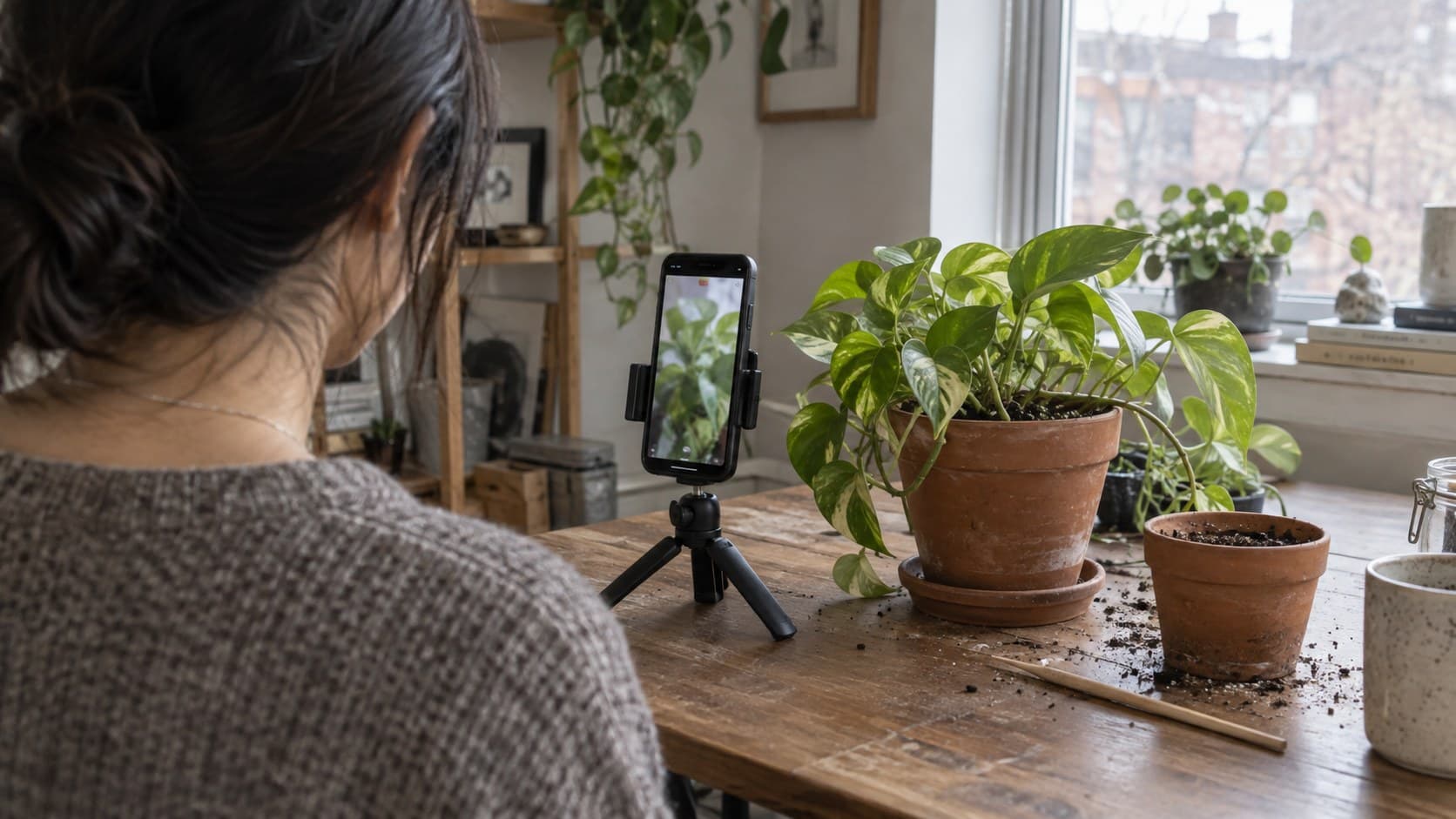 Creator reviewing a smartphone tutorial beside a potted plant and soil-checking tool.
