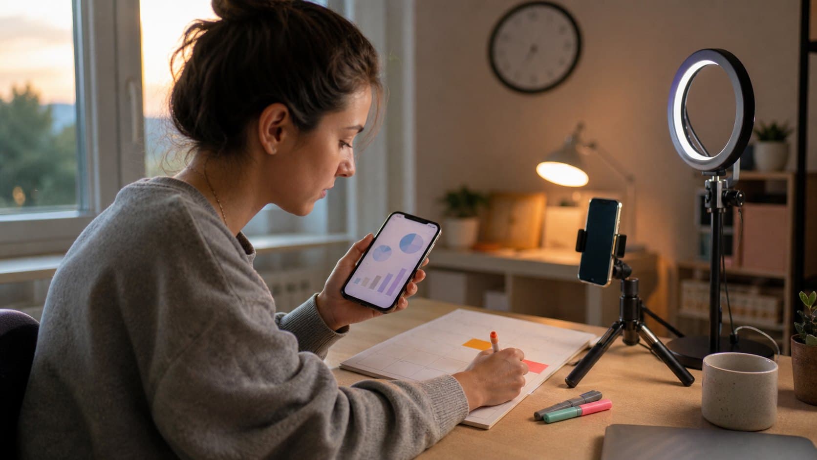 Creator comparing two TikTok posting windows on a paper planner