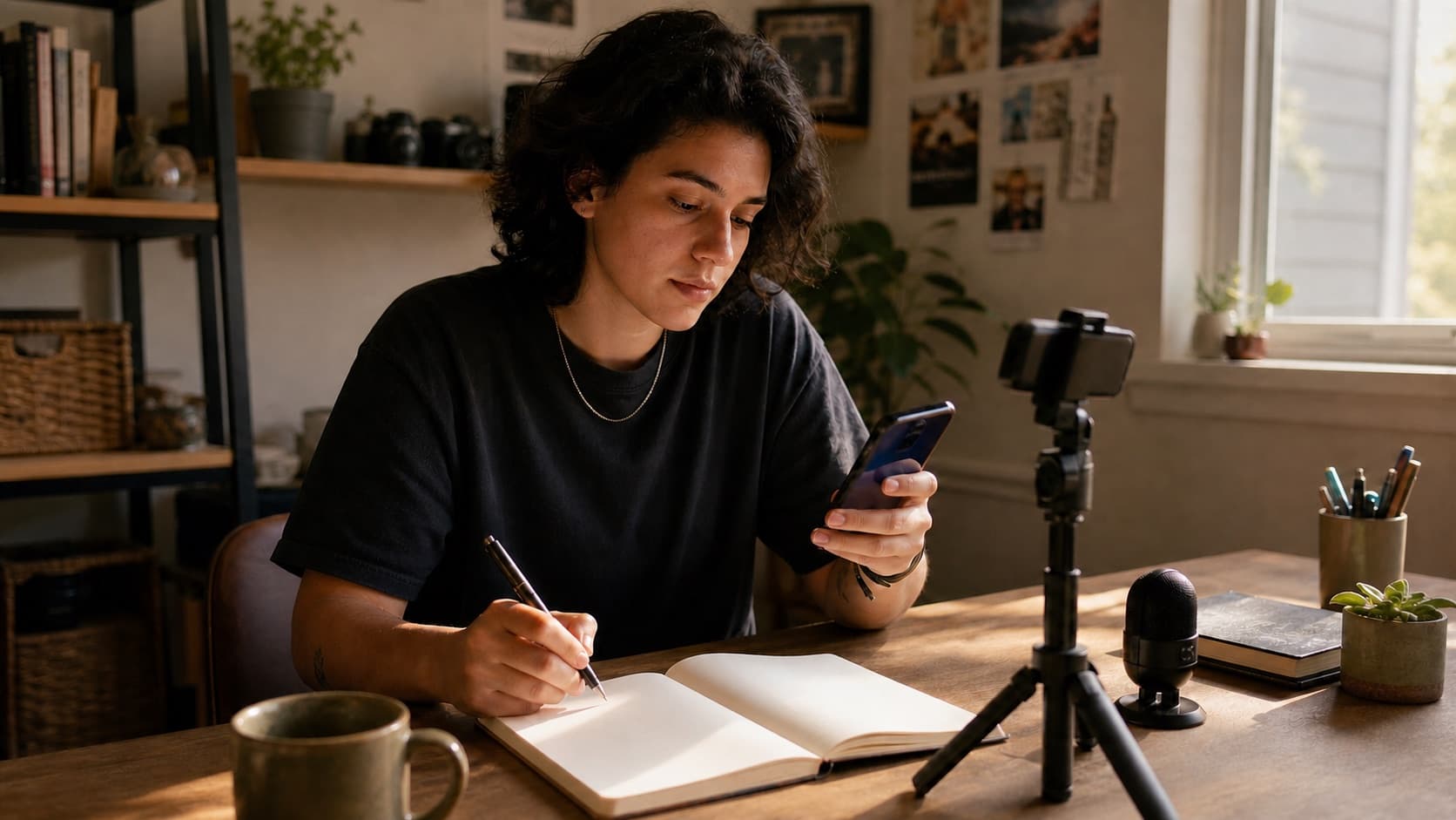 TikTok creator reviewing a new post on a phone while planning the next video